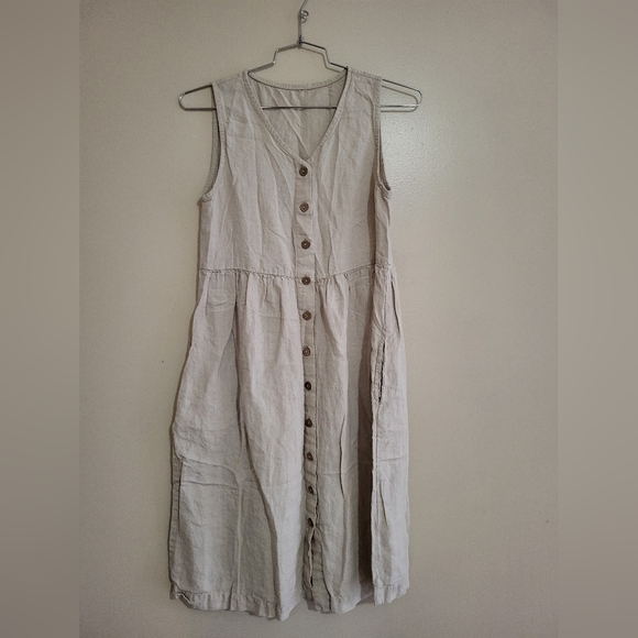 Linenbymn Dresses & Skirts - LinenbyMN Linen V Neck Button Midi Dress Light Beige Small